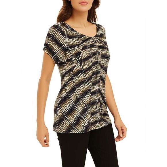 Worthington Blouse Womens 1X Black Multi Abstract Gathered Professional - Picture 1 of 6